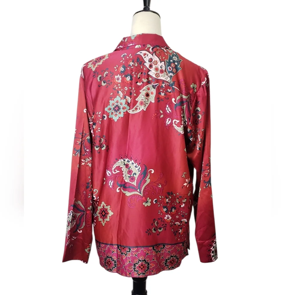 NWT Natori Satin Paisley Floral Button Front Pajama Top Artsy Asian